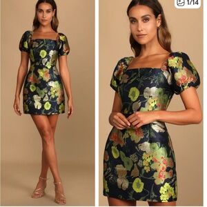New Lulus So Stunning Navy Blue Floral Jacquard Puff Sleeve Mini Dress